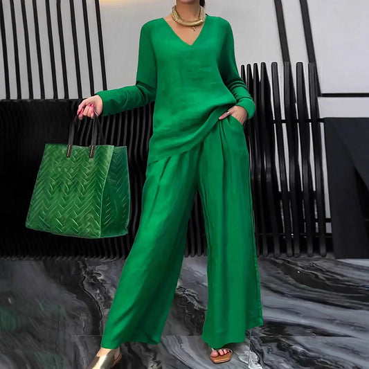 Solid Color Long Sleeve Top & Pants Two-Piece Travel Set