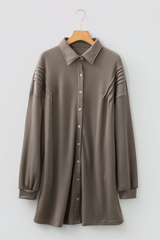 Waffle Knit Pleated Drop Shoulder Shirt Dress
