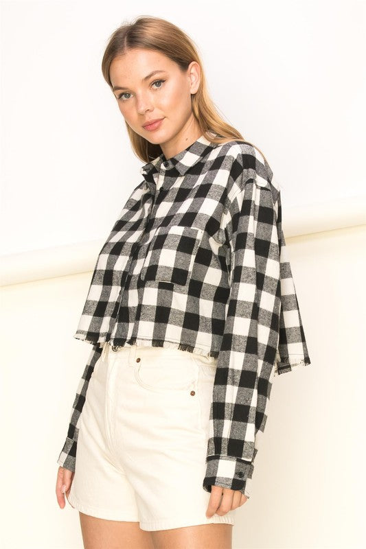 See Ya Plaid Print Button-Up Crop Top