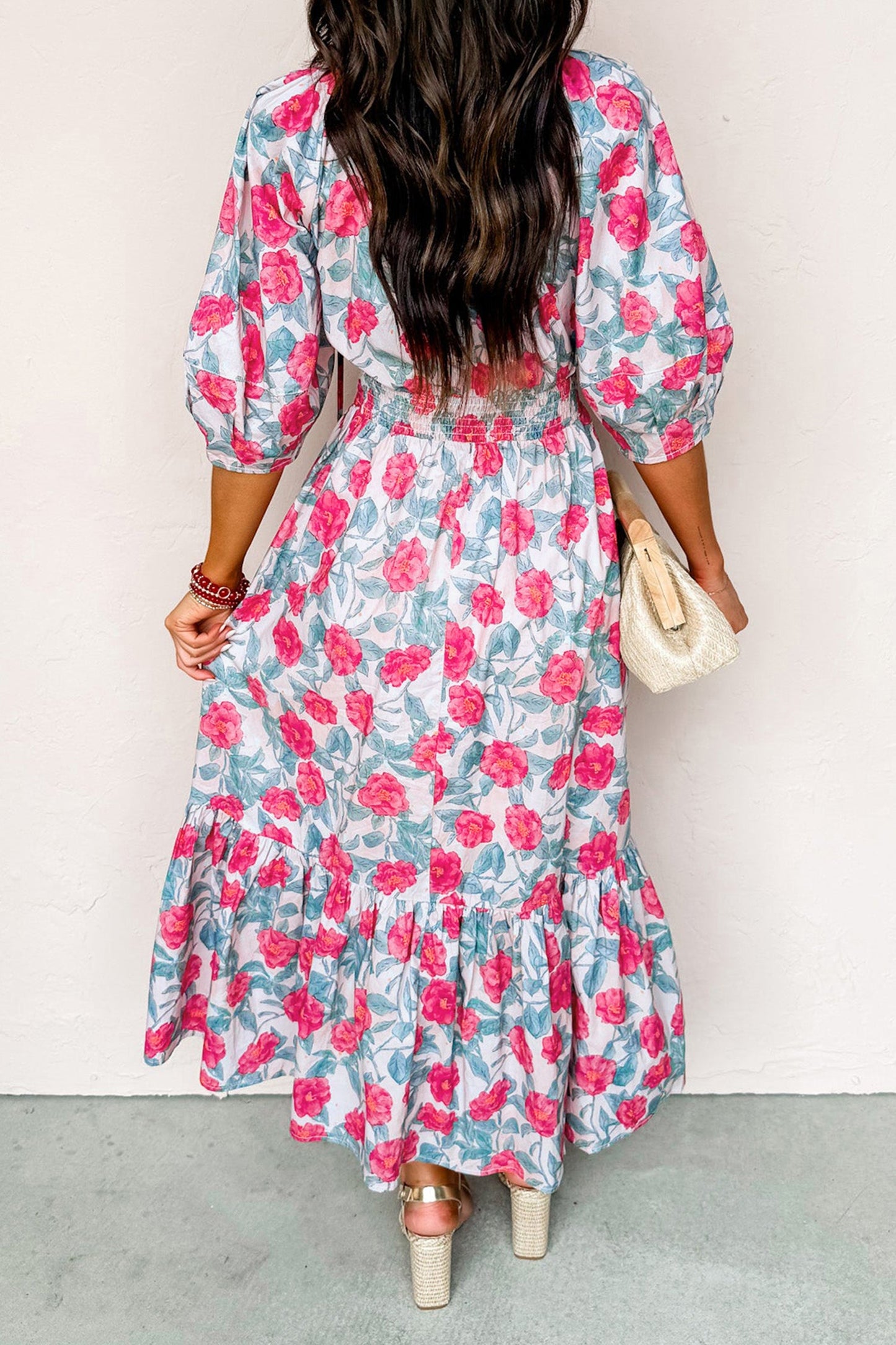 Floral Tie V-Neck Puff Sleeve Midi Dress