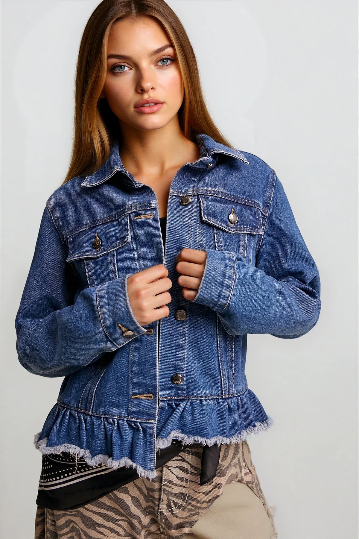 Ruffled Hem Denim Jacket