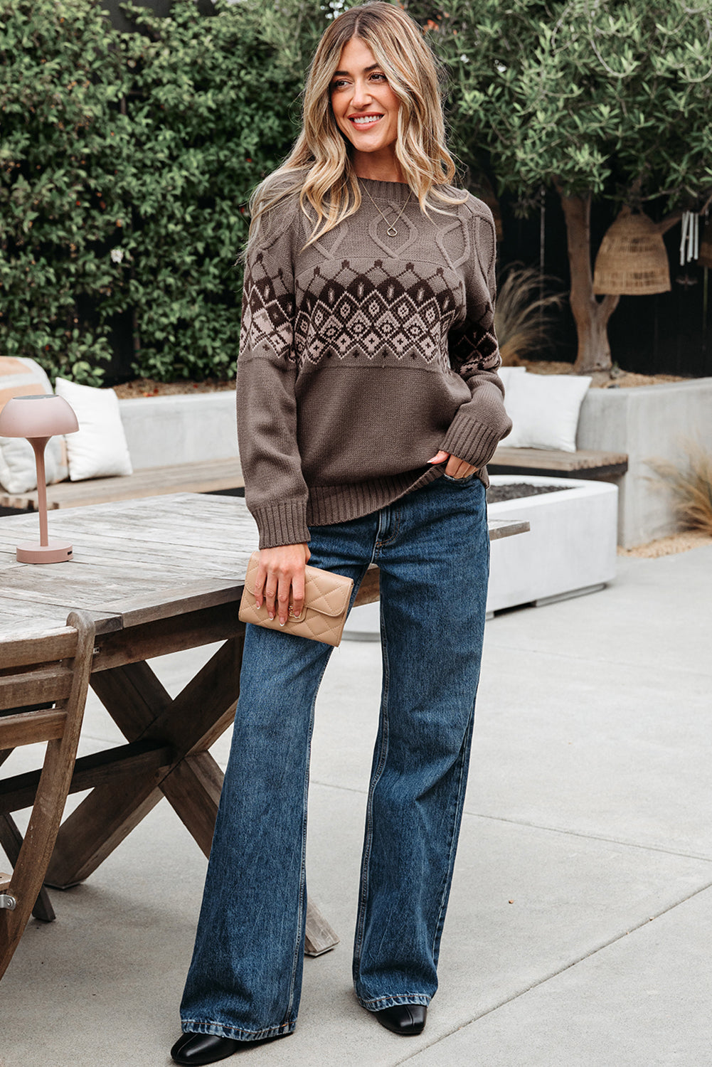 Alana Western Geometric Patterned Crew Neck Knitted Sweater