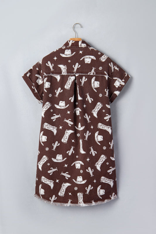 Western Cowgirl Cactus Raw Edge Denim Dress