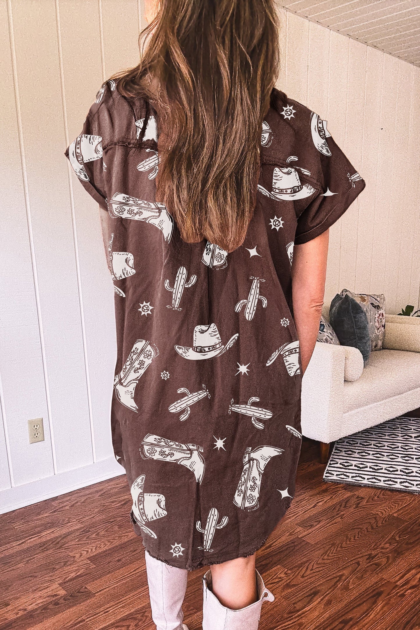 Western Cowgirl Cactus Raw Edge Denim Dress