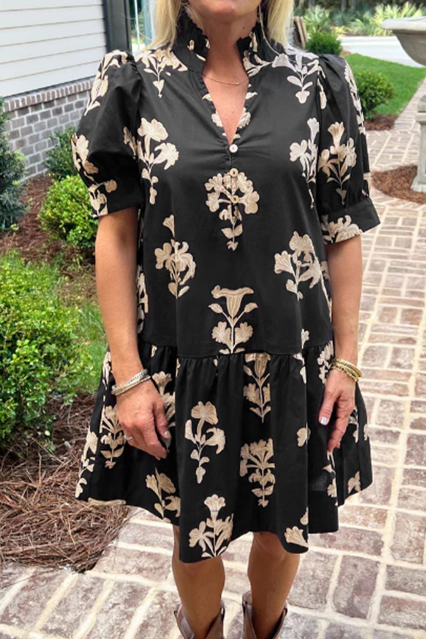 Floral Frilled V-Neck Puff Sleeve Mini Dress