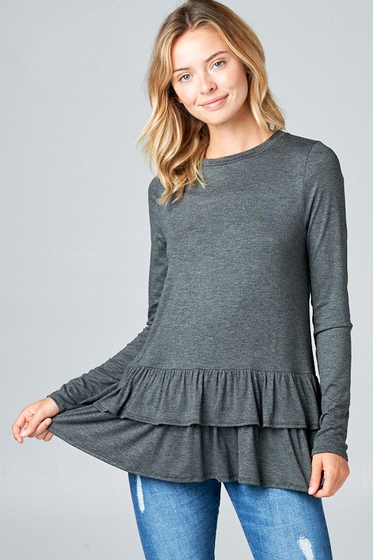 RUFFLE BOTTOM LONG SLEEVE ROUND NECK TUNIC TOP