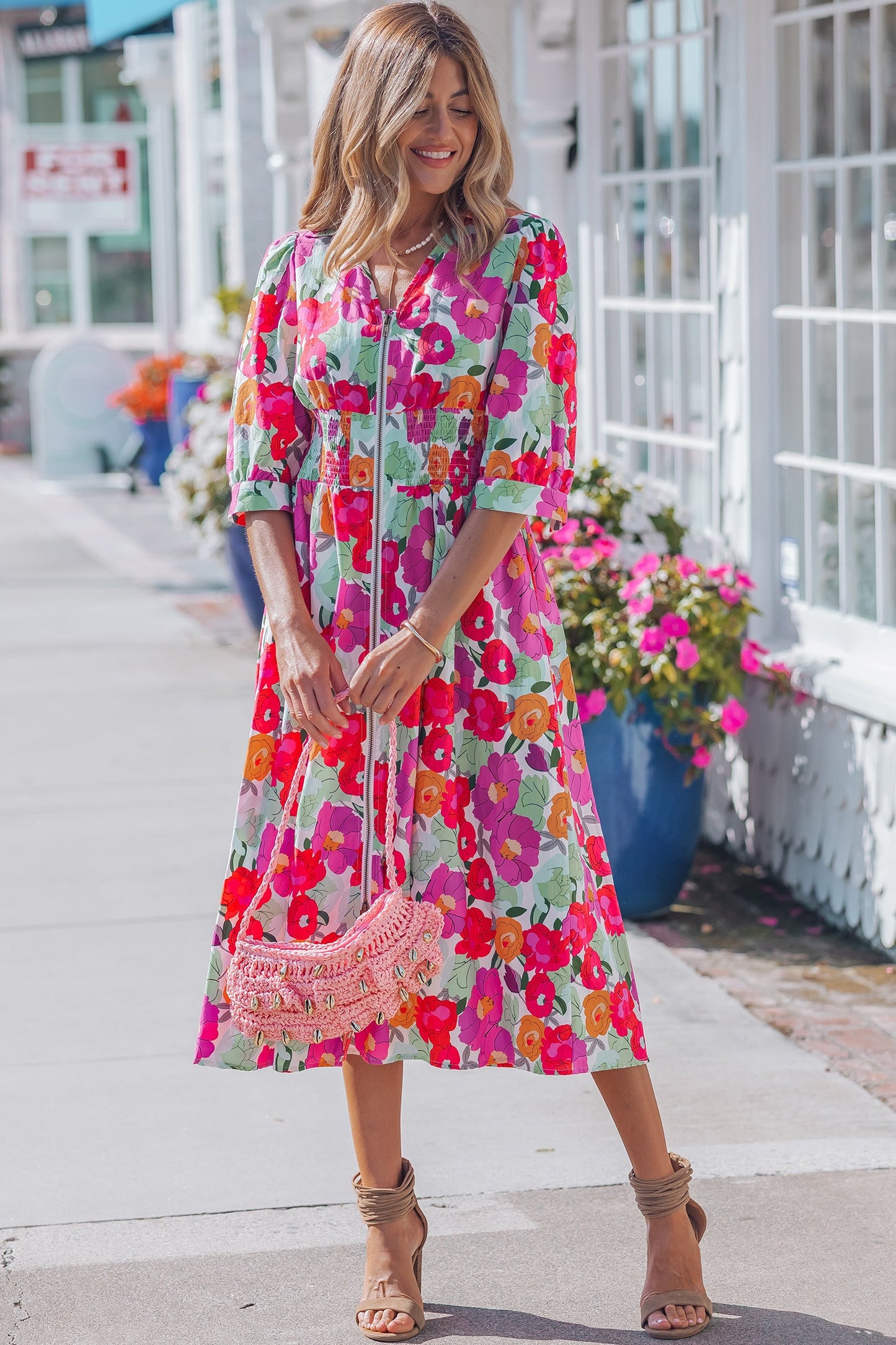 Floral Zip-Up V-Neck Short Puff Sleeve Dress