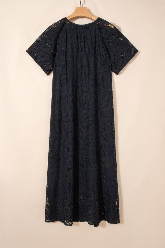 Lace Overlay Tassel Tie Short Sleeve Maxi Dress