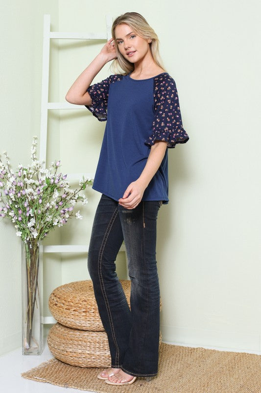 Solid Floral Short Sleeve Contrast Top