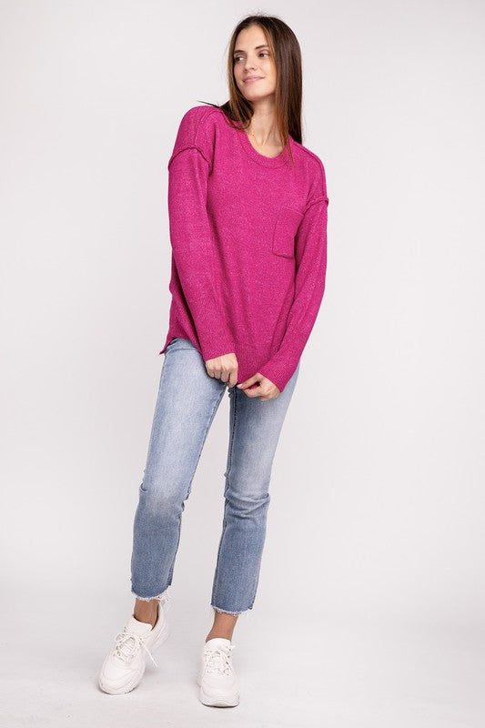 MELANGE HI-LOW HEM ROUND NECK SWEATER