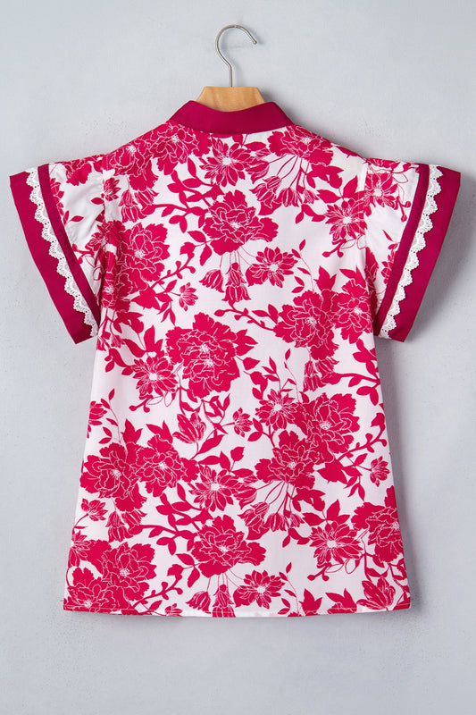 Floral Colorblock Lace V-Neck Flutter Sleeve Blouse