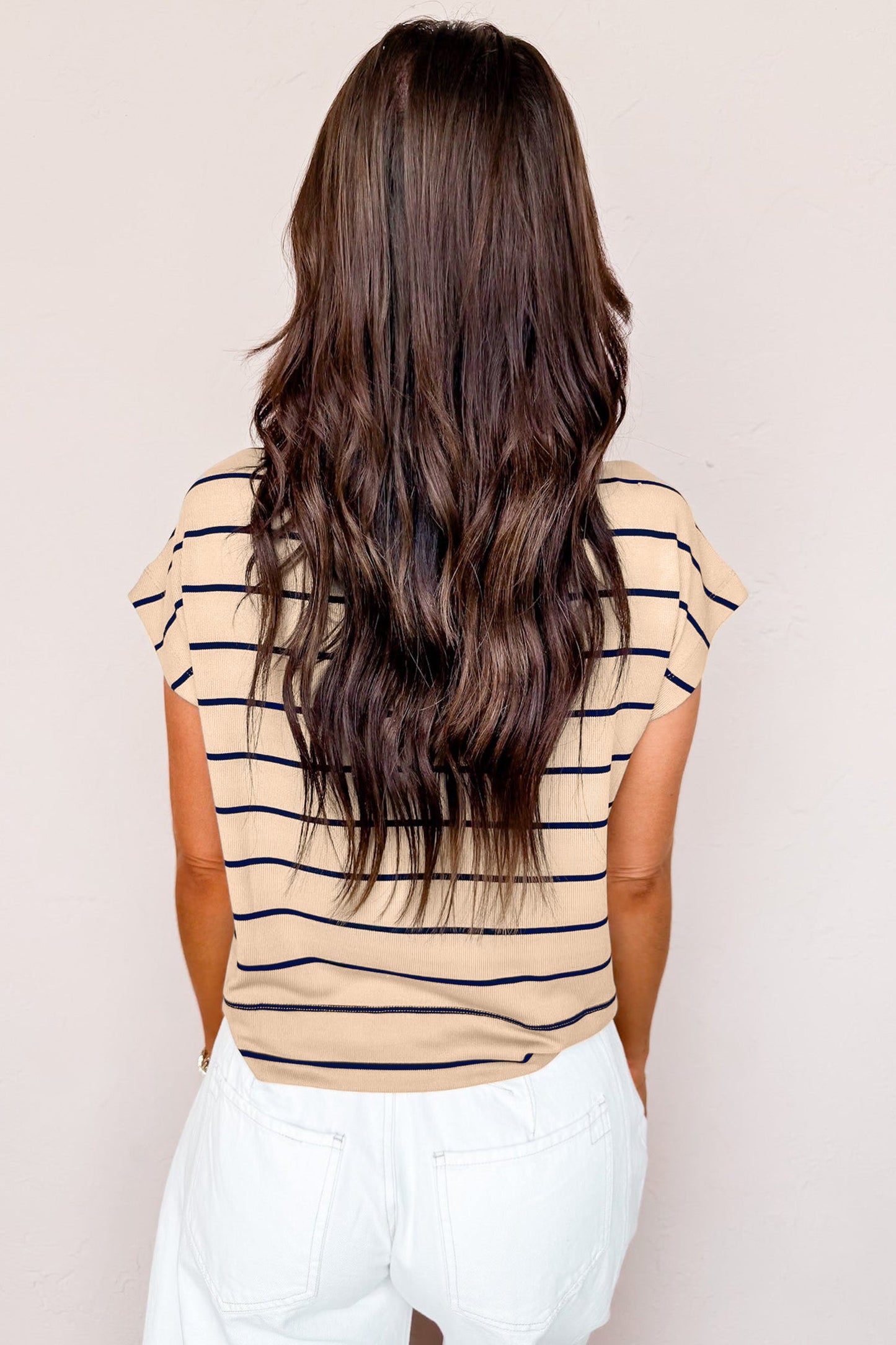Stripe Mock Neck Short Sleeve Loose Top