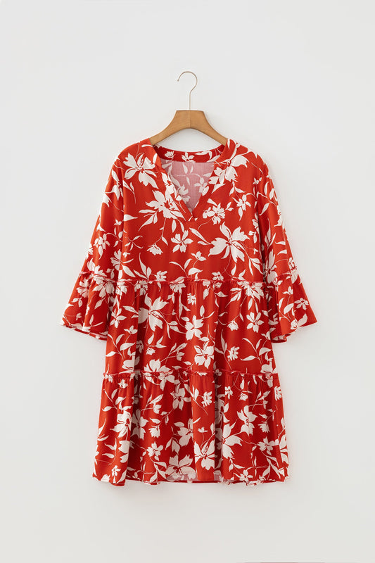 Boho Floral Lettuce Trim 3/4 Sleeve Mini Dress