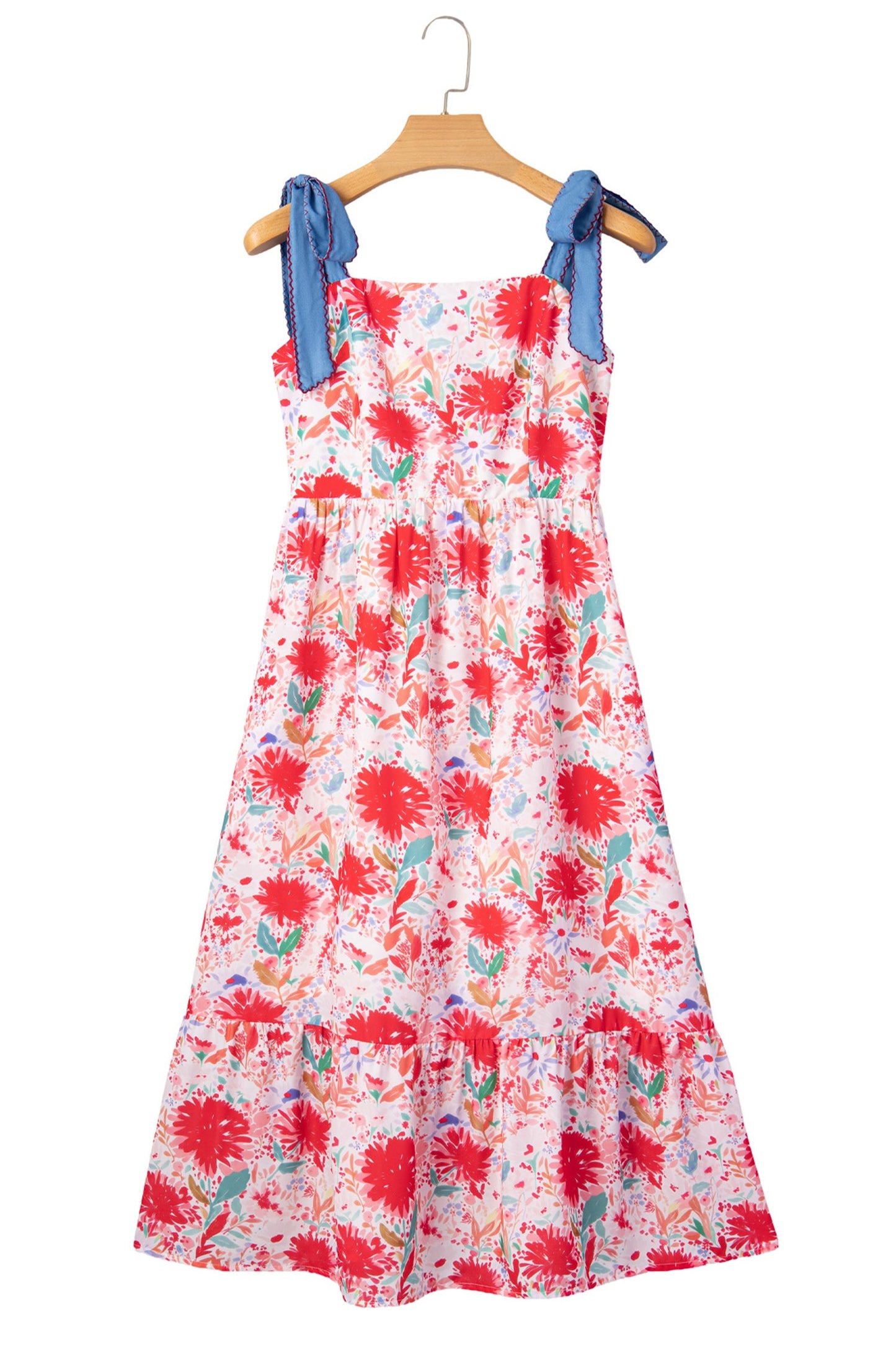 Floral Denim Tie Strap High Waist Maxi Dress