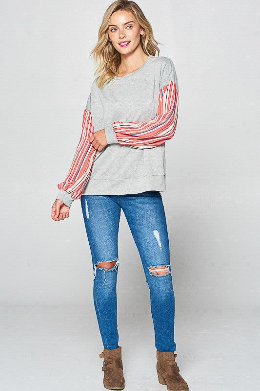 STRIPE SOLID MIXED SWEATSHIRT TOP