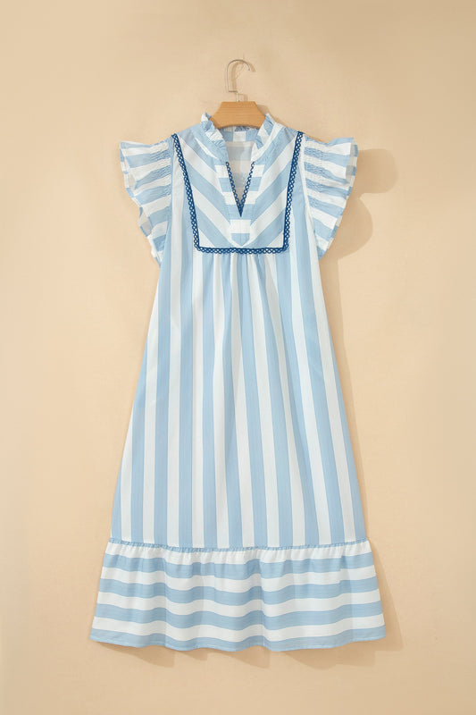 Stripe Lace Trim V-Neck Ruffle Midi Dress
