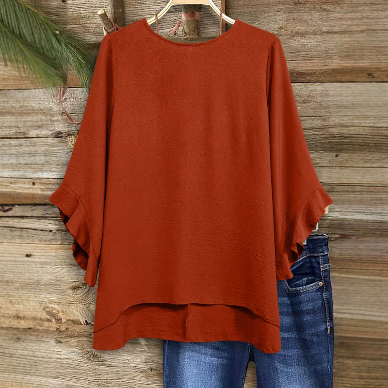 Women's Solid Color Loose Round-Neck Top – Ruffled Three-Quarter Sleeves