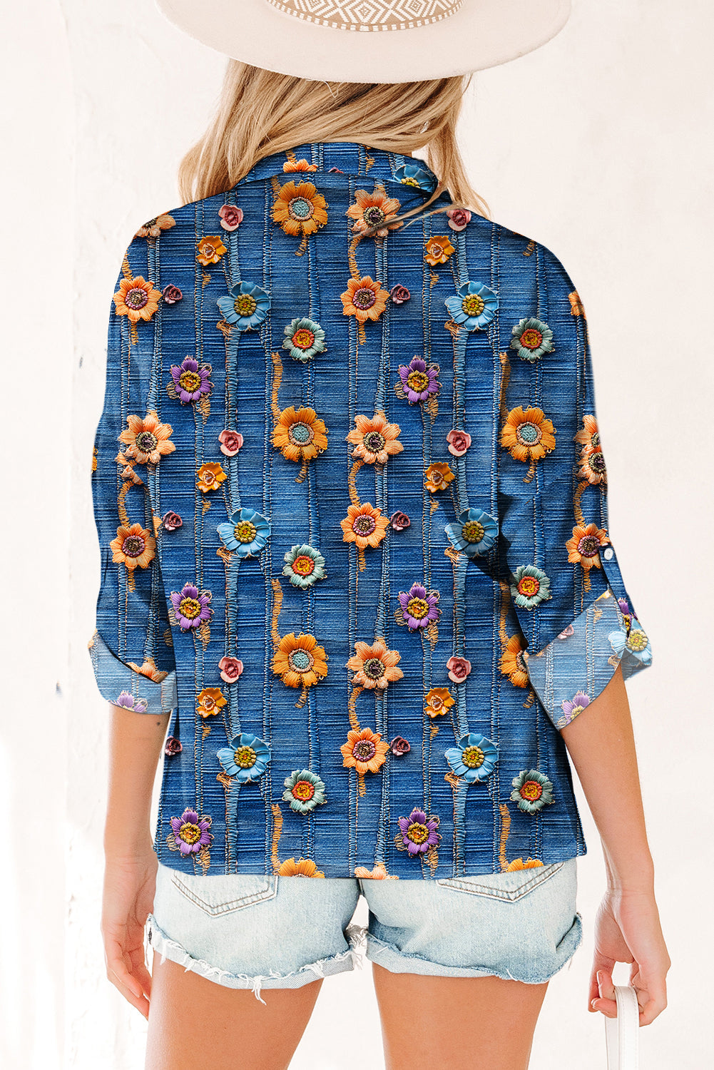 Floral Patchwork Long Sleeve Collared V-Neck Blouse