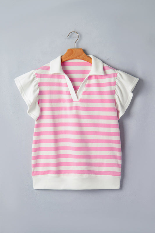 Stripe Collar V-Neck Ruffle Short Sleeve Blouse