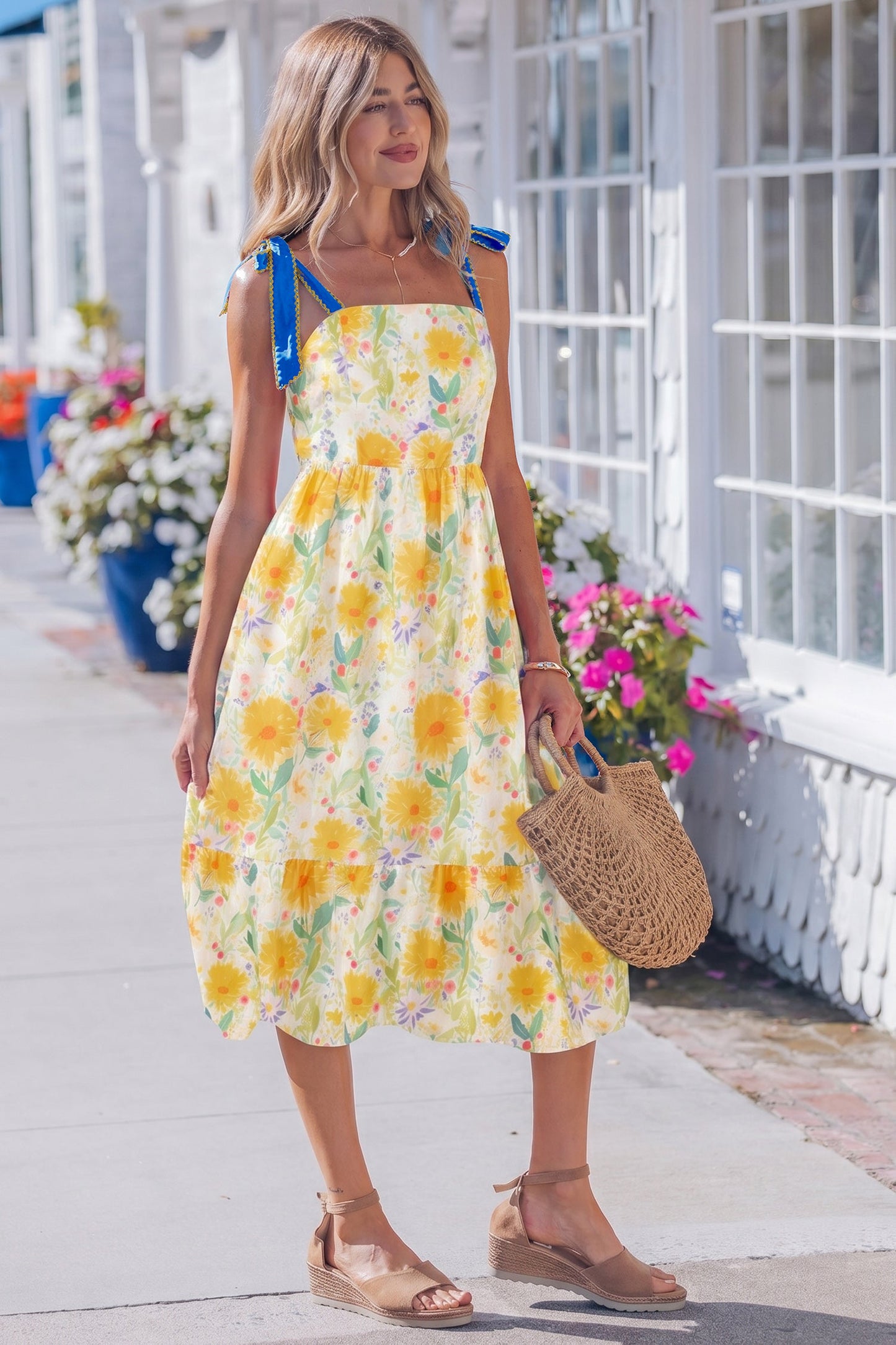 Floral Denim Tie Strap High Waist Maxi Dress