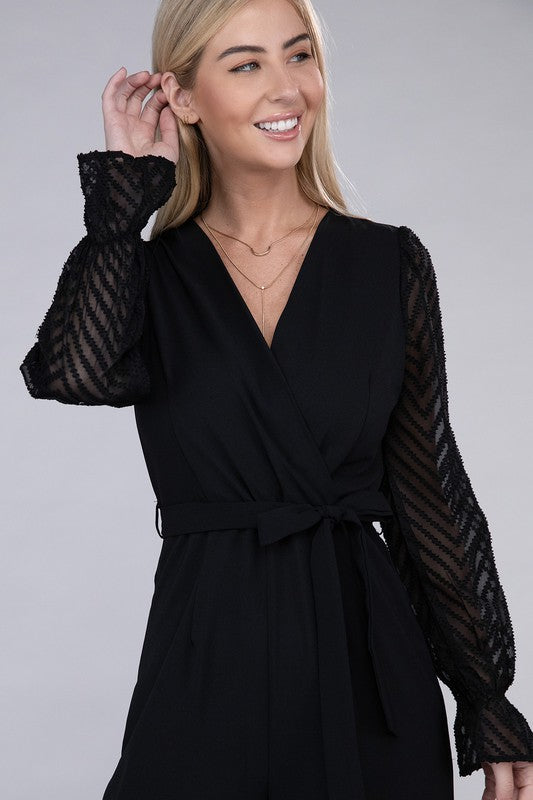 Sheer sleeve and Wide leg Jumpsuit