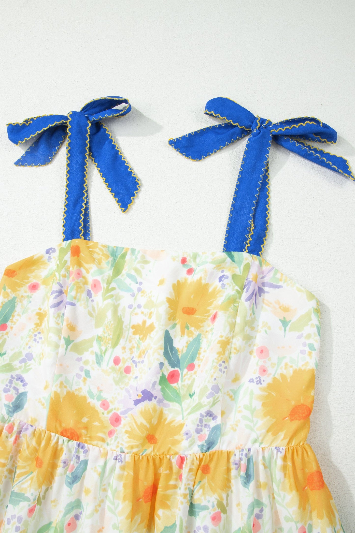 Floral Denim Tie Strap High Waist Maxi Dress