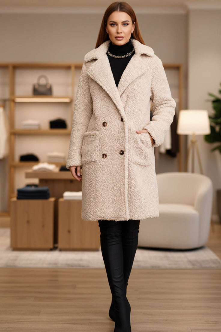 Women's Oversized Teddy Fleece Coat – Double-Breasted Mid-Length