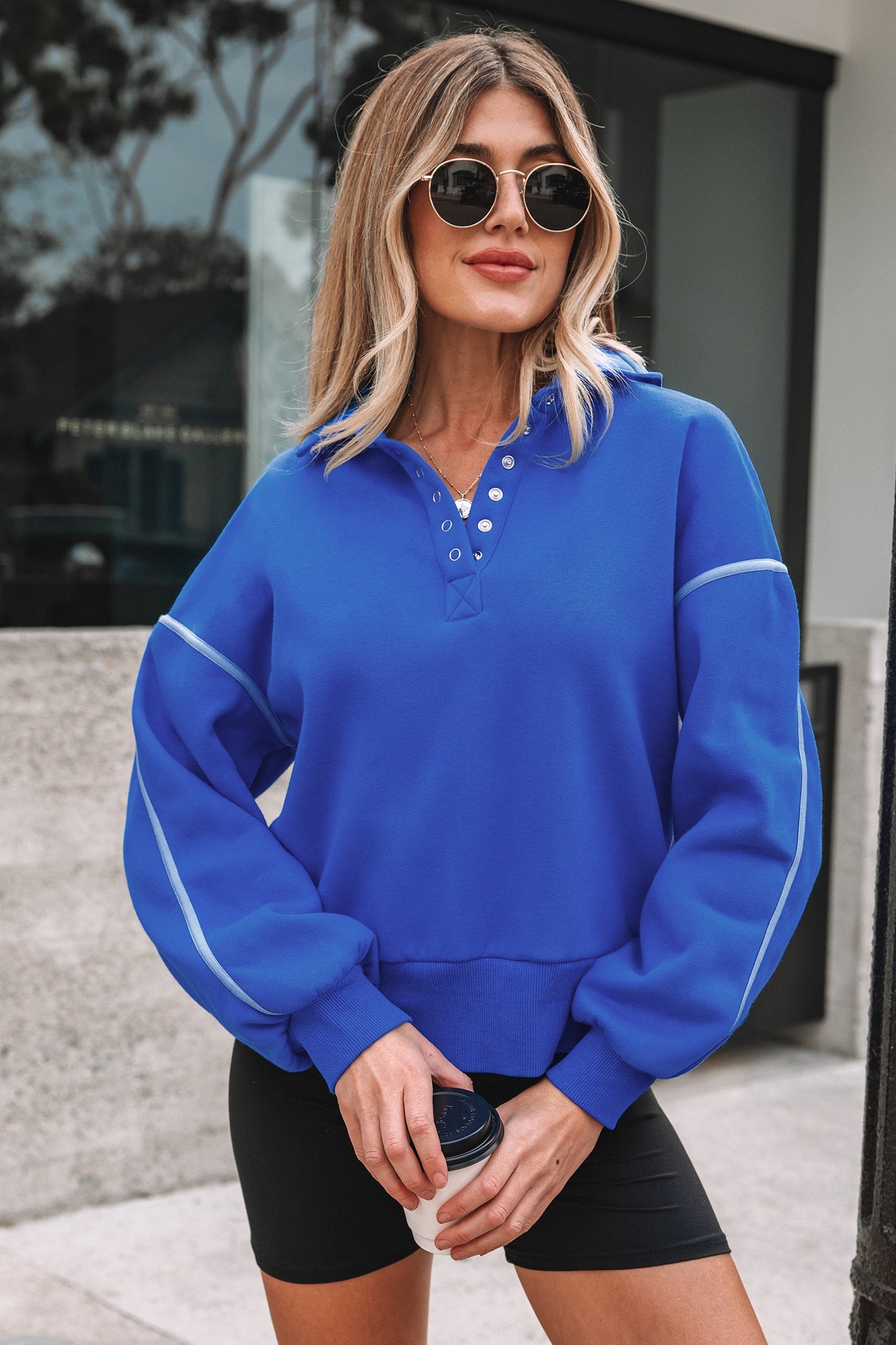 Collared Snap Button Exposed Seam Sweatshirt
