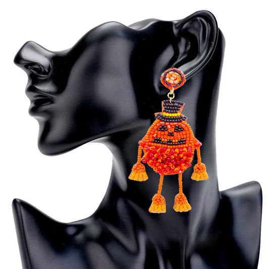 Felt Back Seed Beaded Pumpkin Dangle Earrings