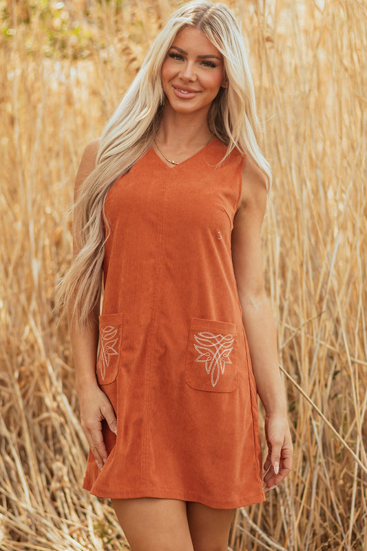 Molly Corduroy Western Embroidered Patched Pocket Mini Dress