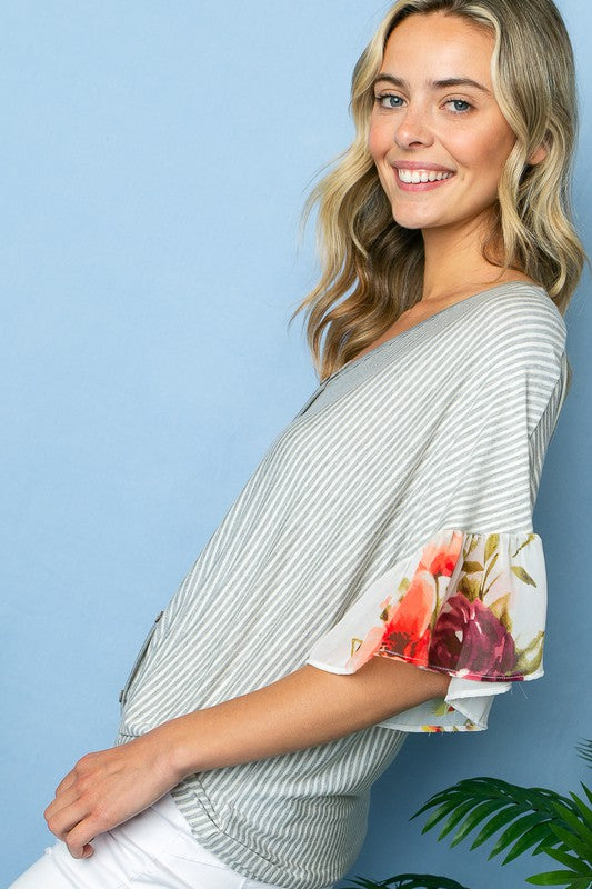 STRIPE FLORAL MIXED RUFFLE TOP