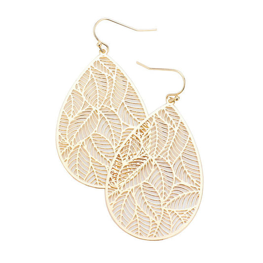 Filigree Leaf Detail Brass Metal Teardrop Dangle Earrings