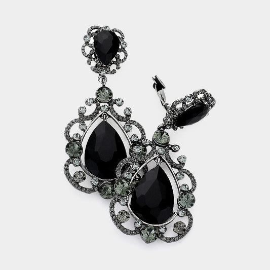 Floral Crystal Teardrop Clip On Evening Earrings