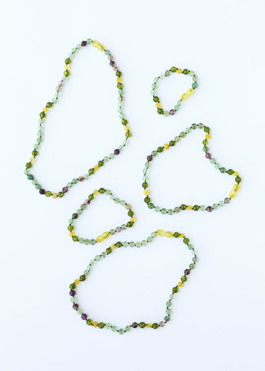 Raw Baltic Sea Amber + Fluorite + Peridot || Gemstone Necklace