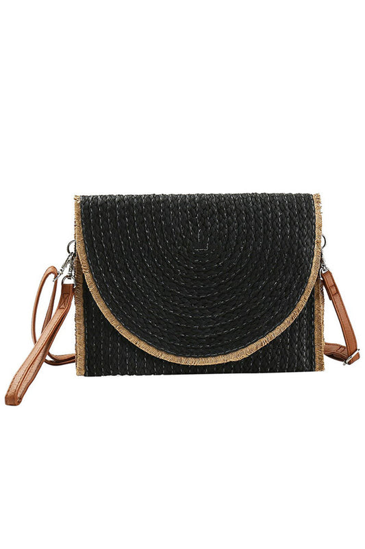 Frayed Trim Two Tone Straw Clutch Crossbody Bag