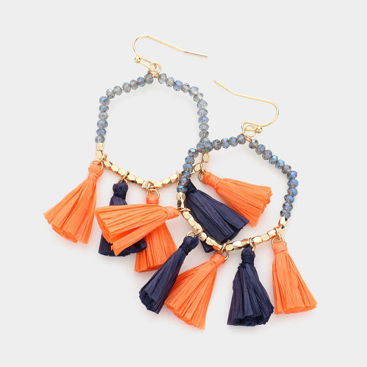 Game Day Beaded Open Hexagon Raffia Tassel Link Dangle Earrings
