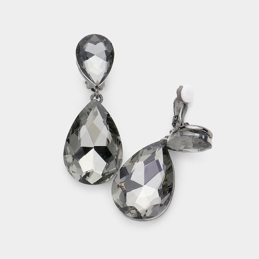 Women's Glass Crystal Double Teardrop Clip on Evening Dangle Earrings