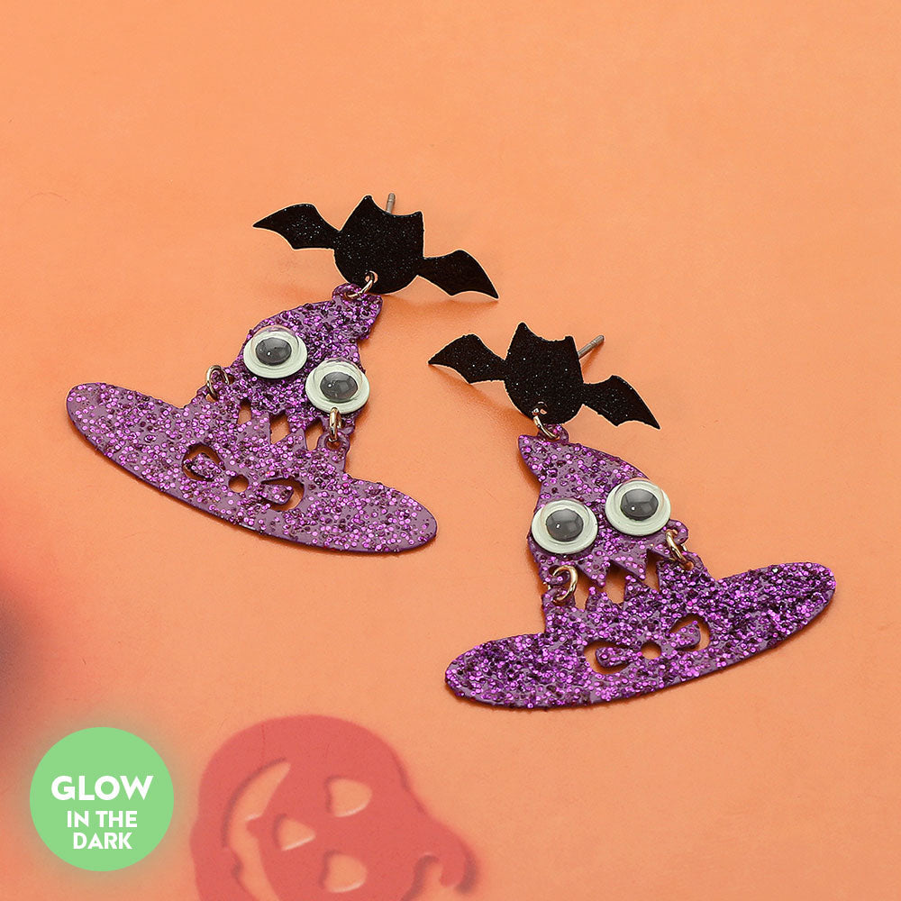 GLOW IN THE DARK Halloween Bat Witch Hat Dangle Earrings