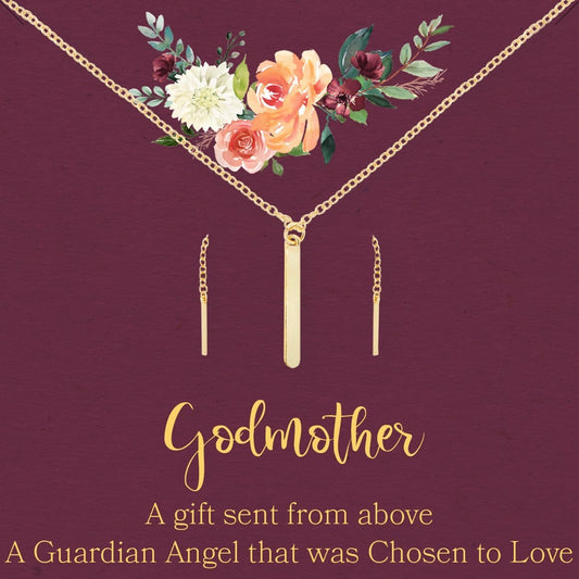 Godmother Gold Bar Earring Threader and Necklace Jewelry Set