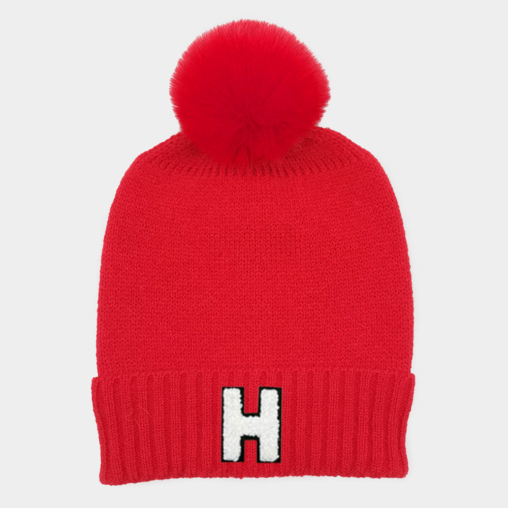 -H- Initial Monogram Faux Fur Pom Pom Knit Beanie Hat