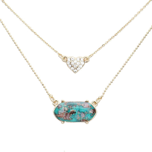 Heart Hexagon Bead Pendant Double Layered Necklace