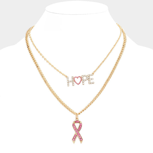 Hope Message Pink Ribbon Pendant Double Layered Necklace