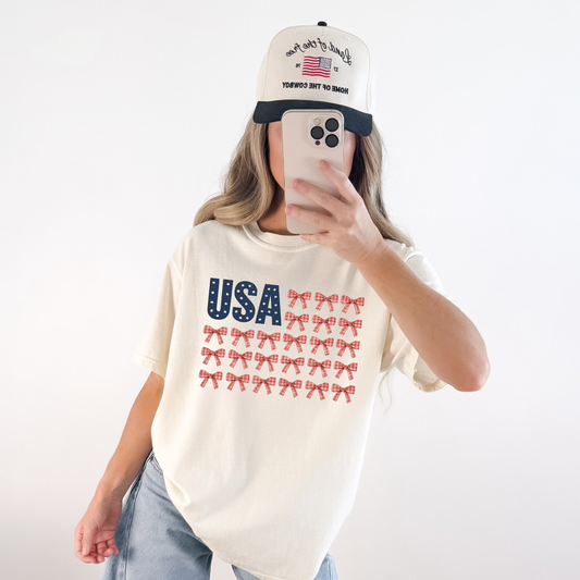 USA Bow Flag Graphic Tee - Patriotic Gingham Bows Shirt