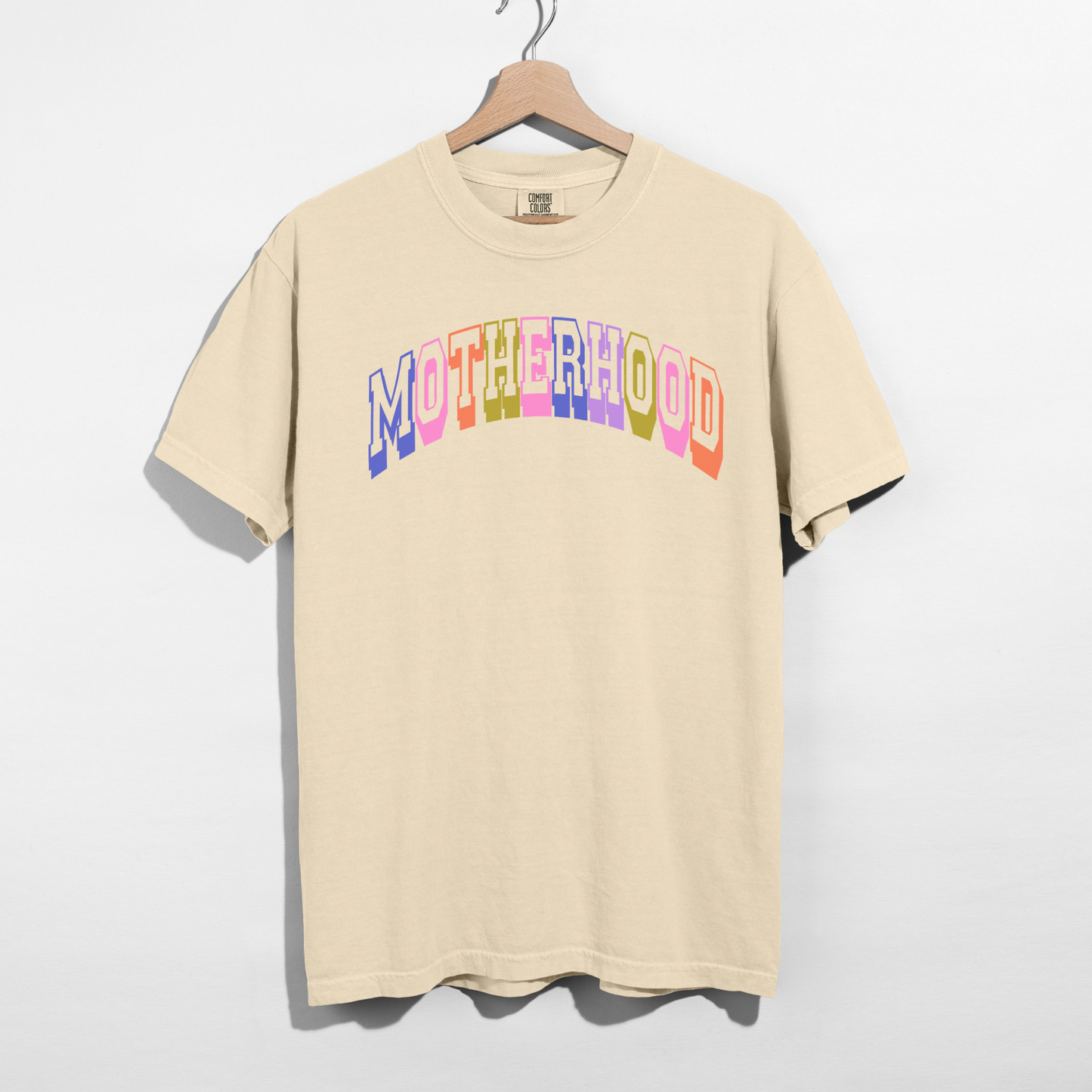 Retro Motherhood Graphic Tee | Colorful Collegiate Mom Shirt