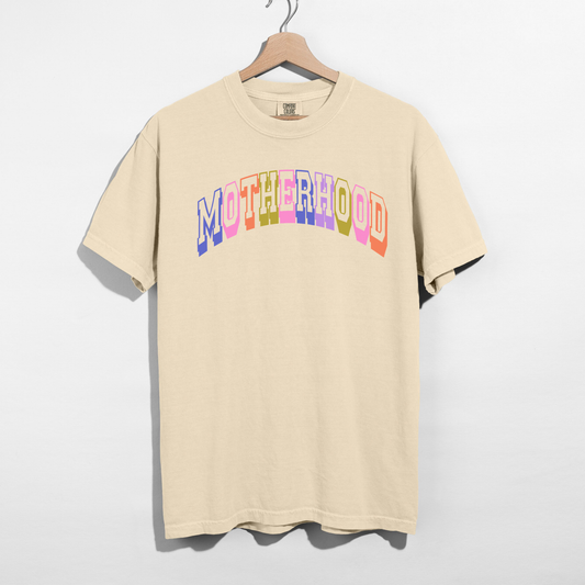 Retro Motherhood Graphic Tee | Colorful Collegiate Mom Shirt