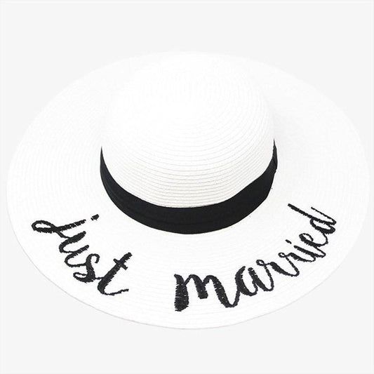 Just Married Embroidery Straw Floppy Sun Hat Bride Beach Hat