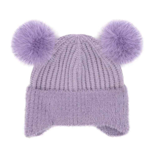 Kids Faux Fur Earflap Double Pom C.C Beanie