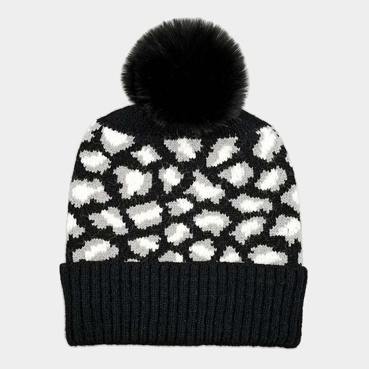 Leopard Patterned Faux Fur Pom Pom Ribbed Beanie Hat