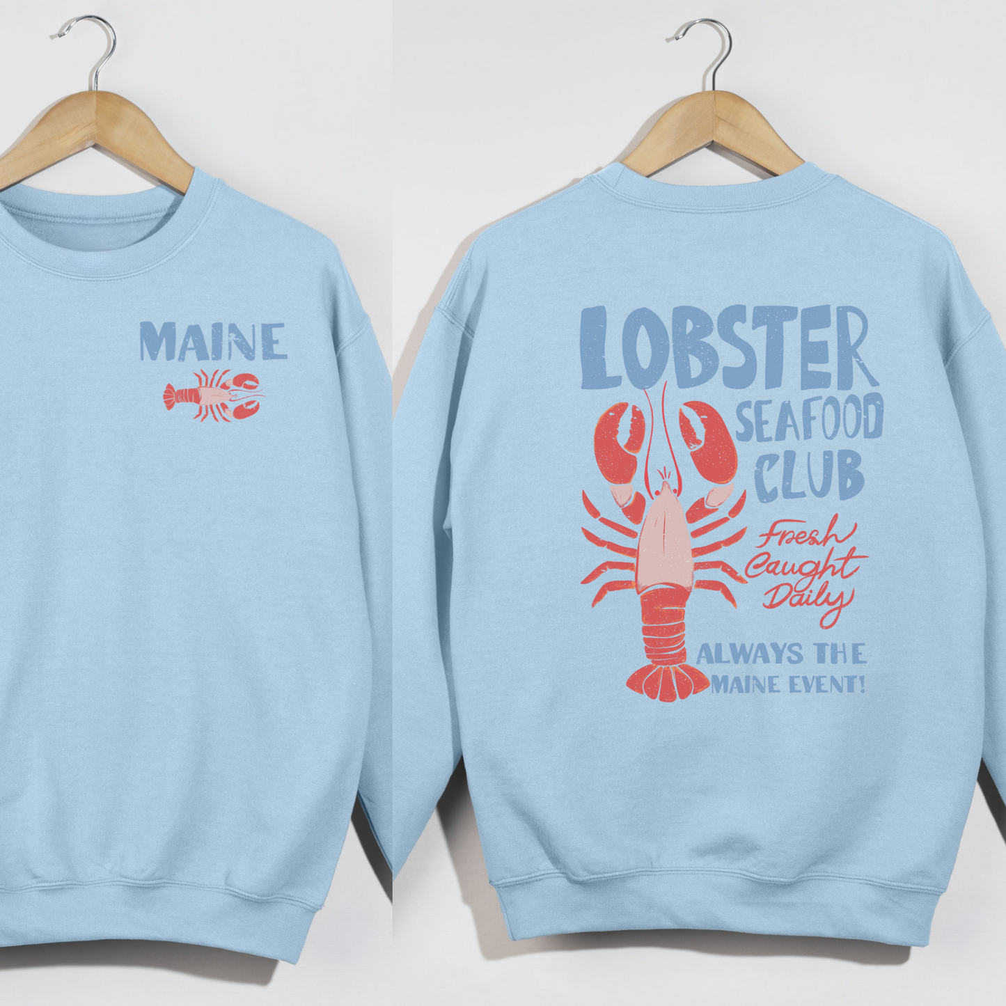 Maine Lobster Seafood Club Crewneck Sweatshirt – Coastal New England Lobster Graphic Pullover