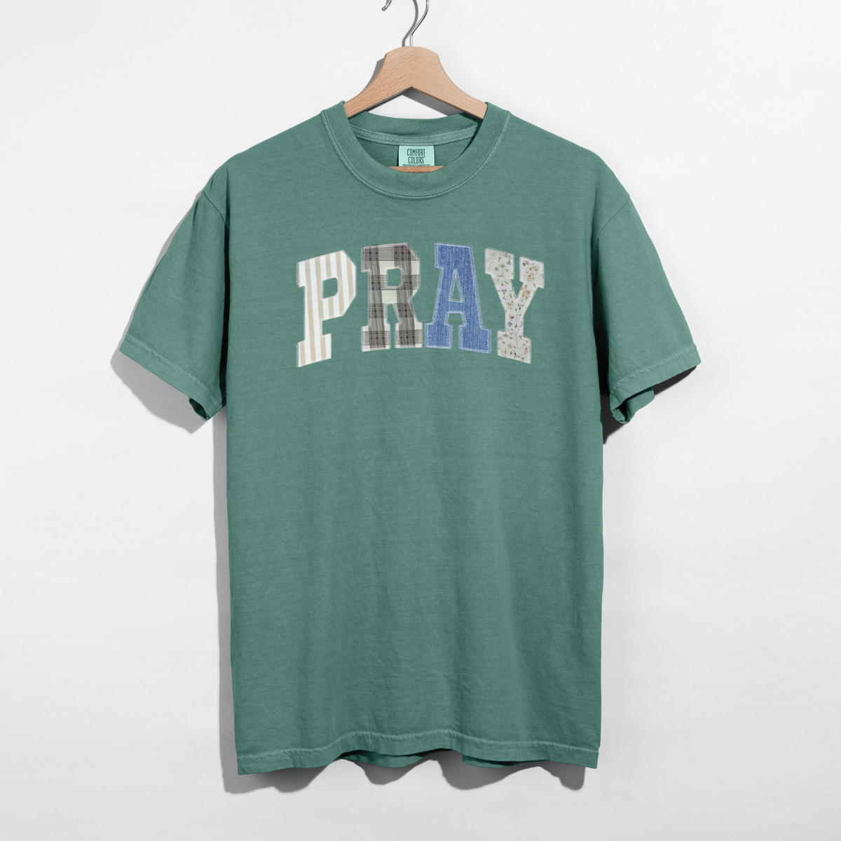 PRAY Faux Patchwork Graphic Tee – Vintage Faith Shirt